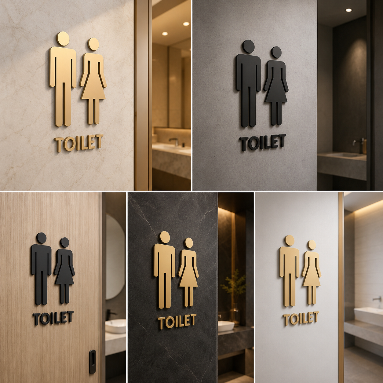 Modern Toilet Signage Collection | Black & Gold Men Women Restroom Sign Designs for Commercial Interiors