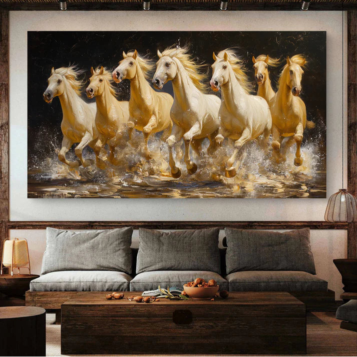 Framed artwork of running horses in a living room setting