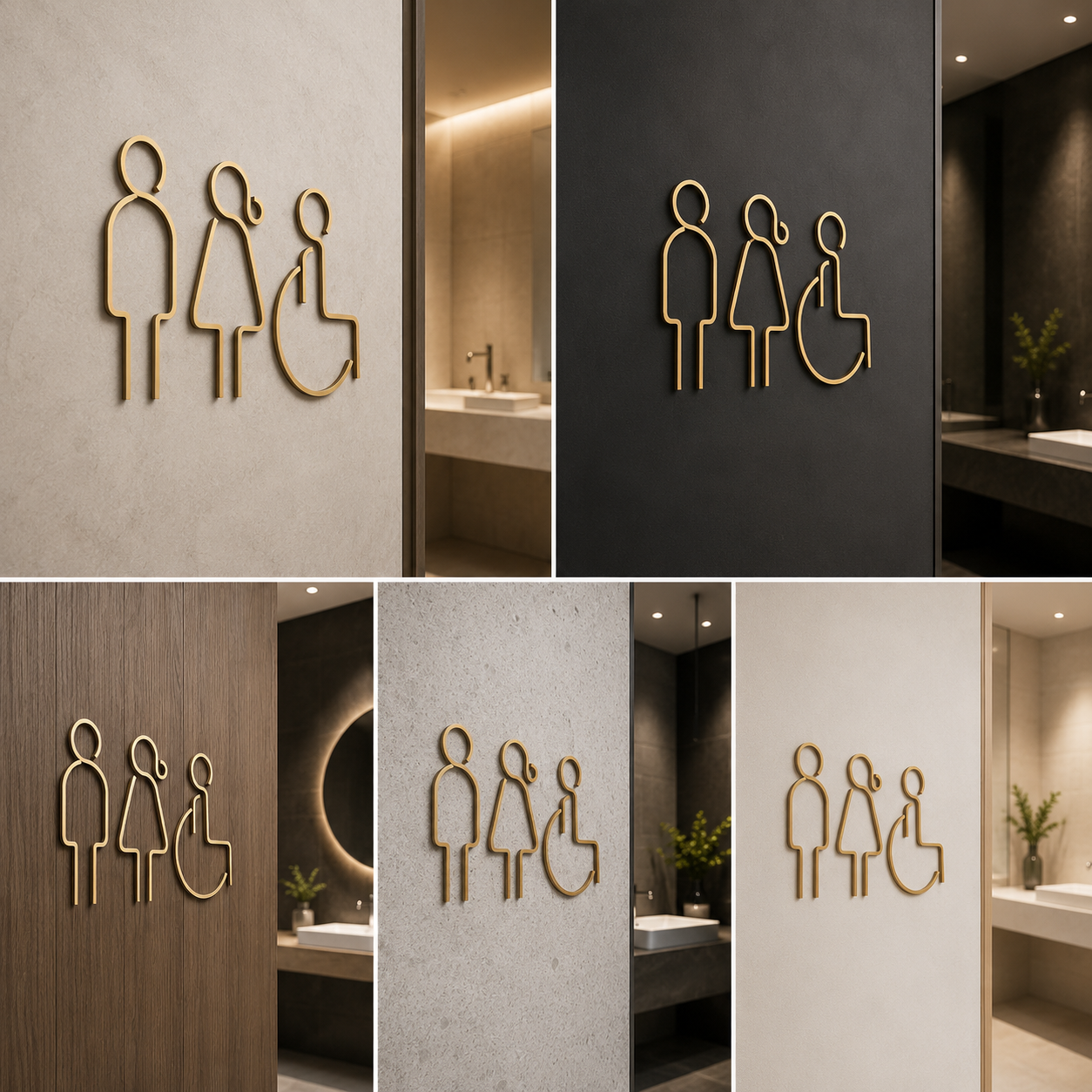 Modern Accessible Restroom Sign | Gold Line Art Male Female & Wheelchair Toilet Signage for Commercial Spaces