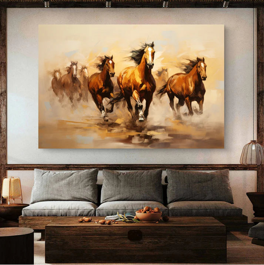 Living room with a painting of running horses on the wall