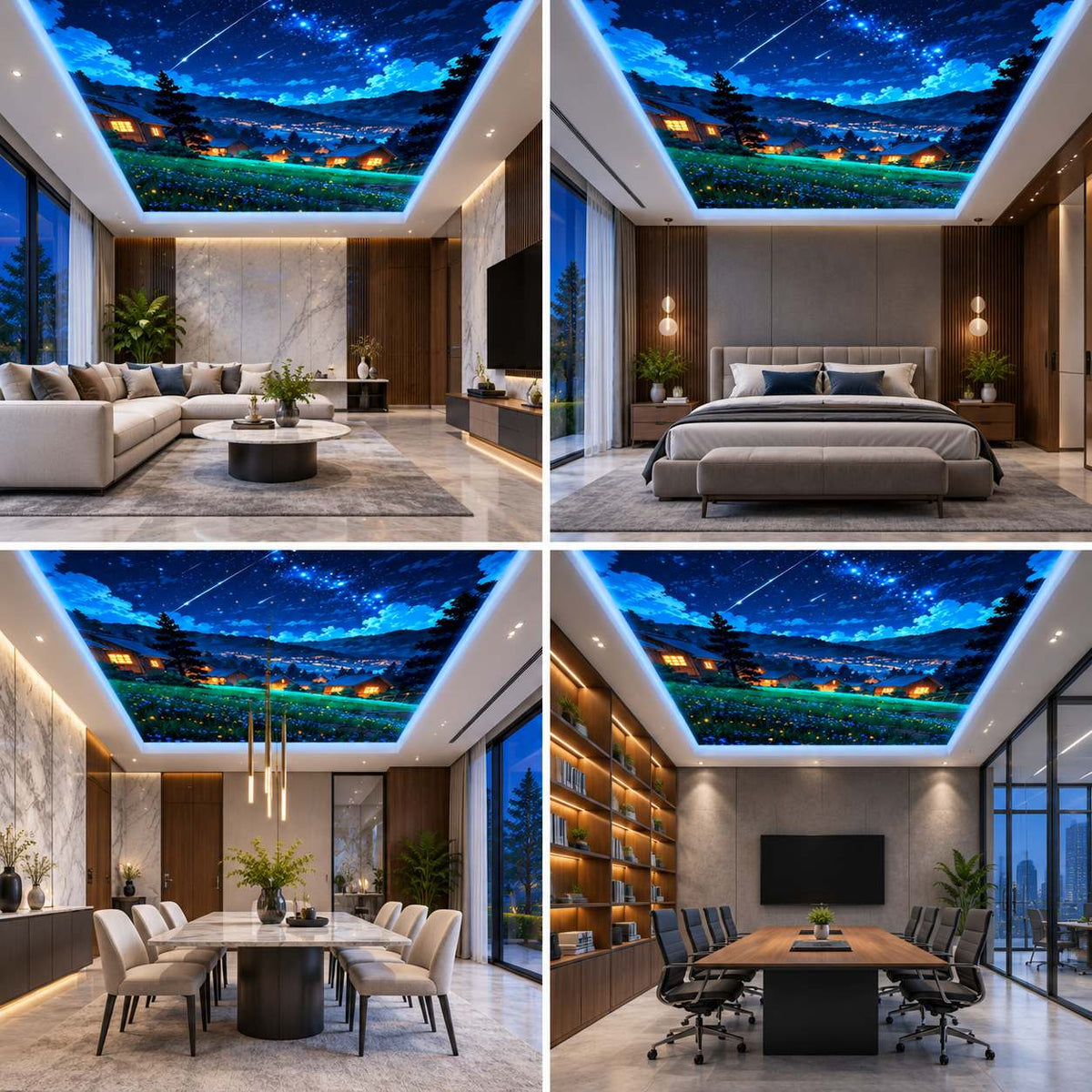 Starry Night Sky Ceiling Wallpaper with Mountain Village View for Living Room & Bedroom