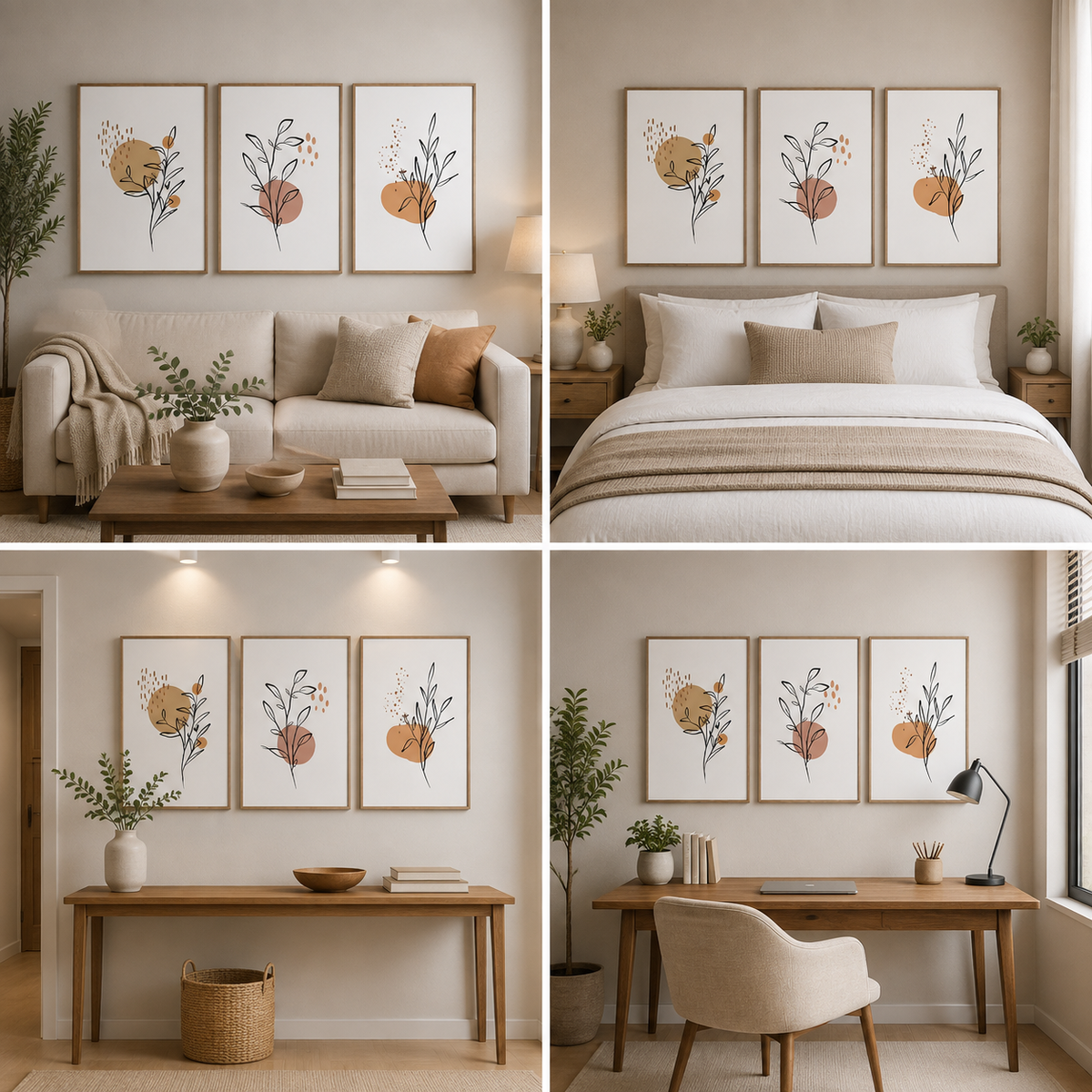 Minimalist Botanical Line Art 3 Panel Canvas Wall Decor for Modern Home Interior Design