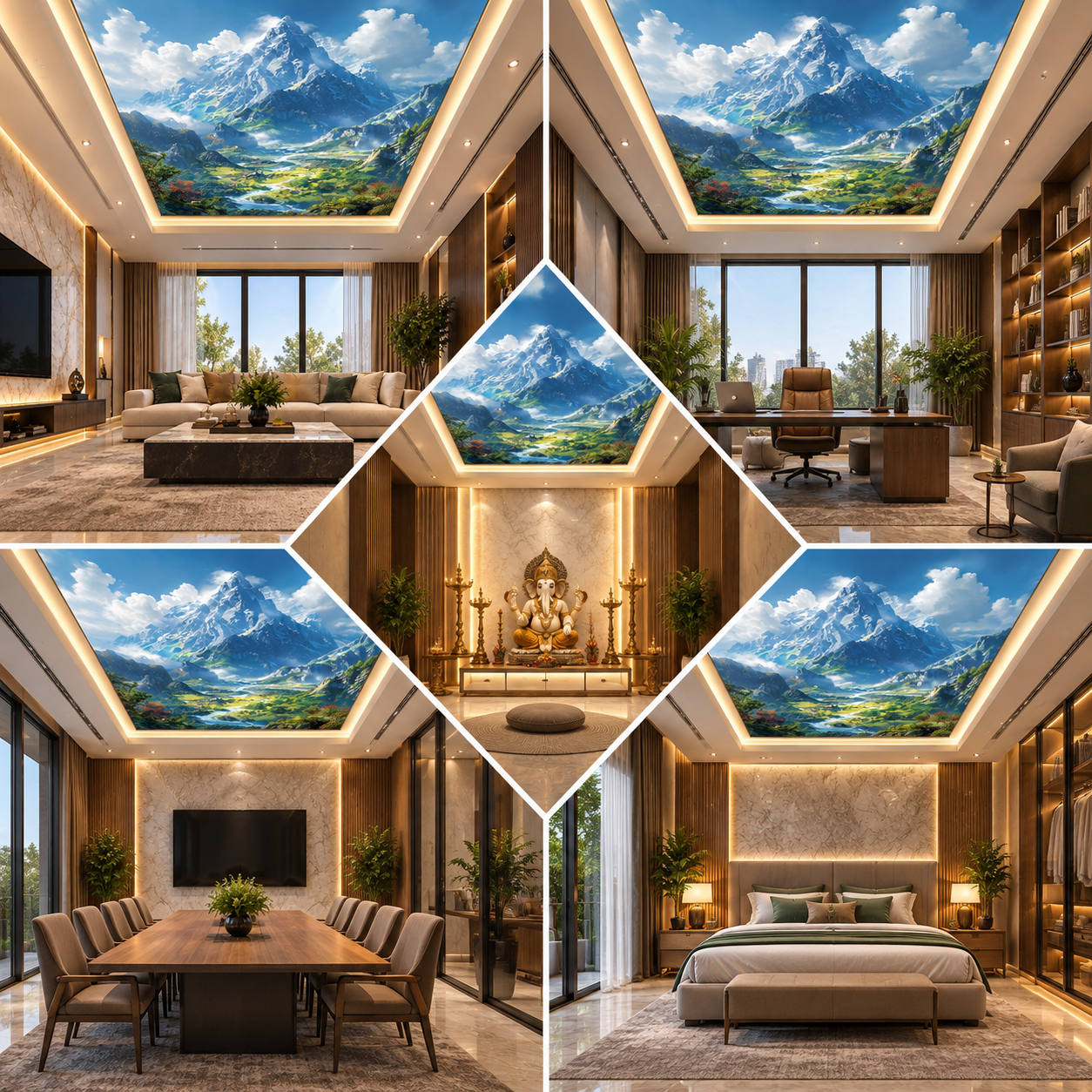 3D Mountain Valley Sky Ceiling Design with Snow Peaks for Luxury Homes & Offices