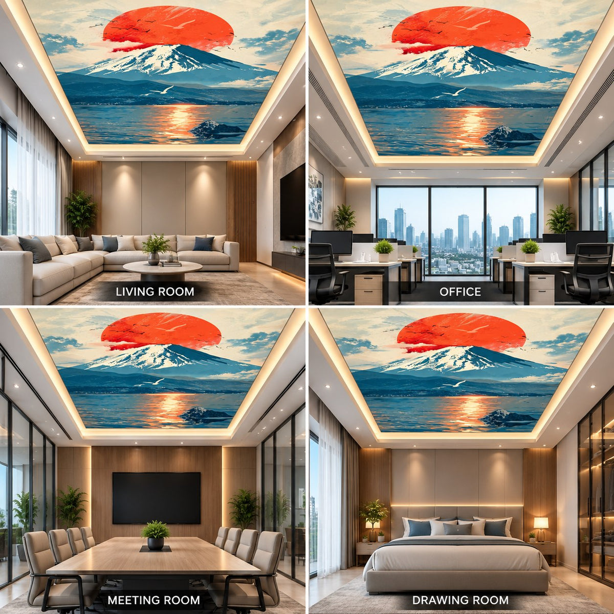 Japanese Mountain Ceiling Panel with Red Sun for Luxury Office False Ceiling Decor