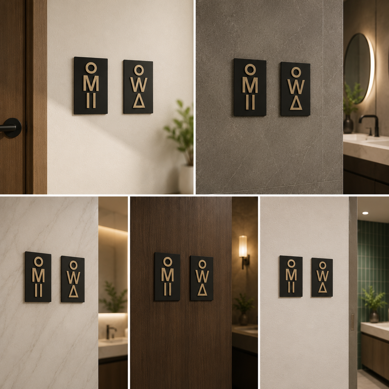 Modern OMI OWA Restroom Sign Set | Minimal Black & Gold Men Women Toilet Signage for Offices & Commercial Spaces