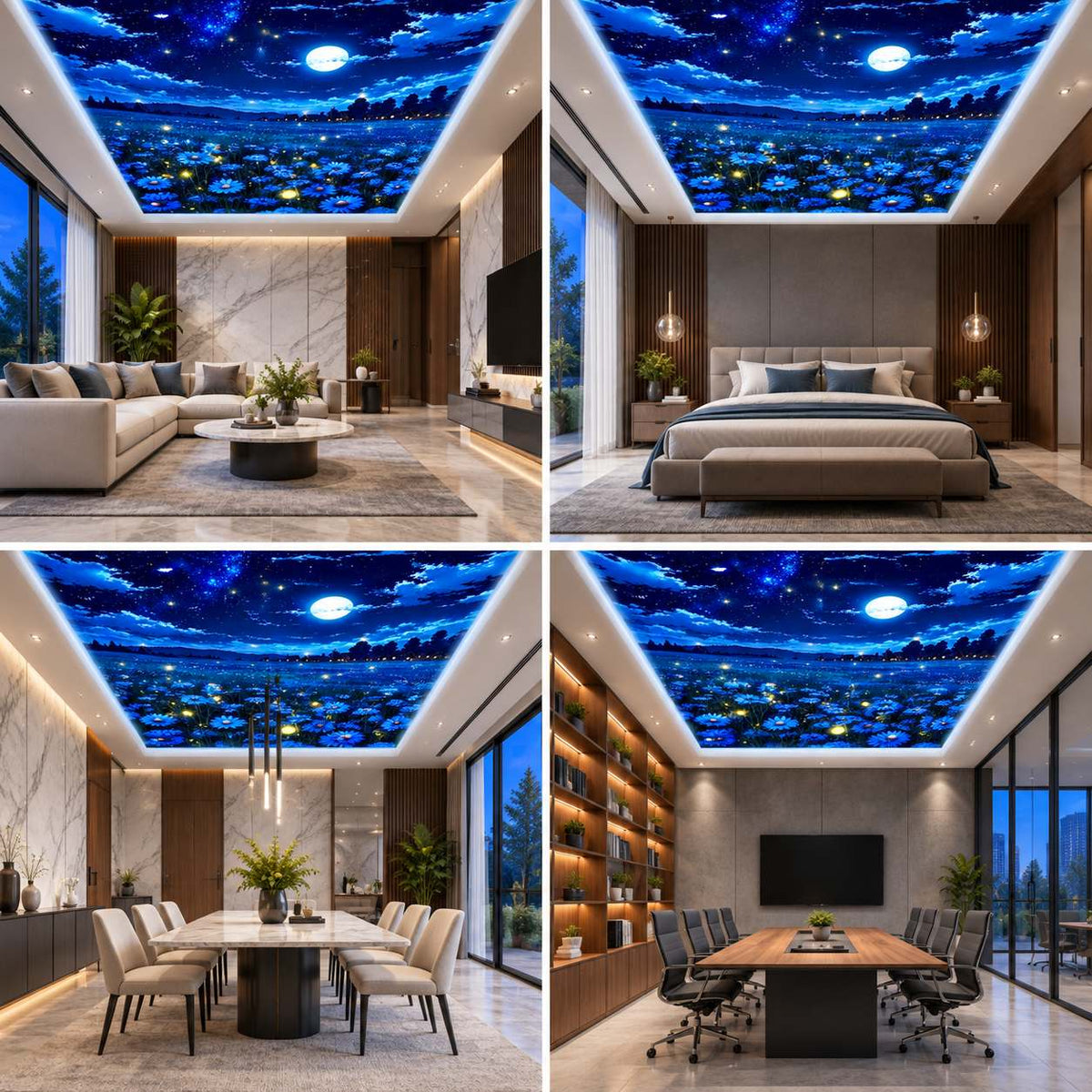 3D Starry Night Sky Ceiling Wallpaper with Moonlit Lake and Glowing Flowers for Interiors