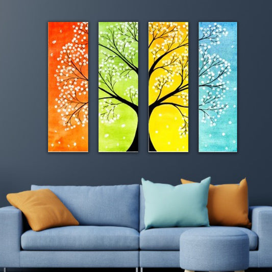 Canvas Painting Frame for Living Room Wall Decoration | A Tree Colours in All Seasons | Canvas Painting | Modern Wall Art Multiple Frame (Set of 4) (12 by 24 Inches Each)