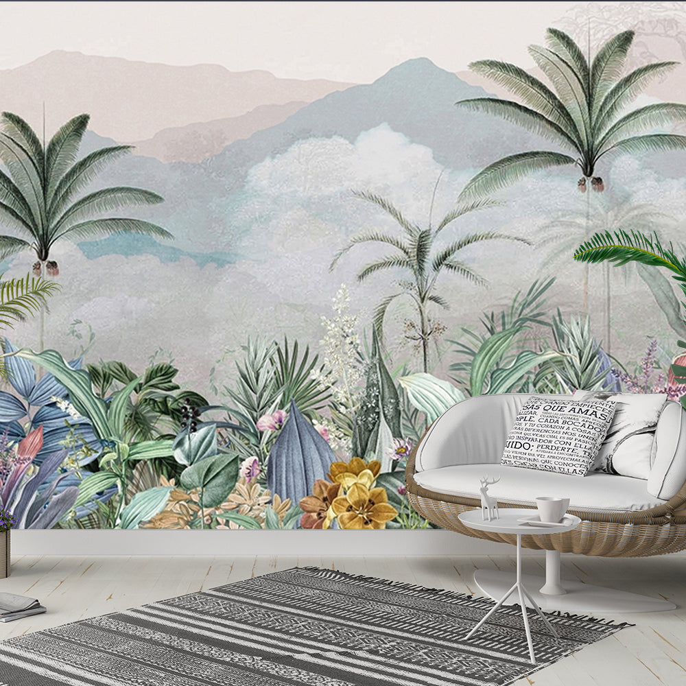 luxury jungle theme wall mural with tropical leaves and mountain background