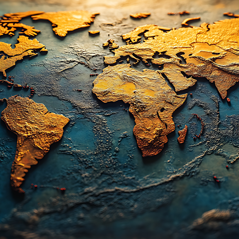 World map with a textured surface in warm colors