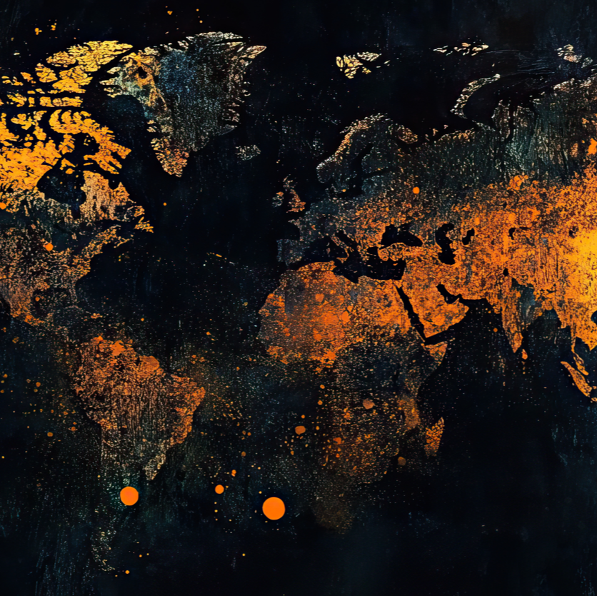 World map with orange and yellow lights on a dark background