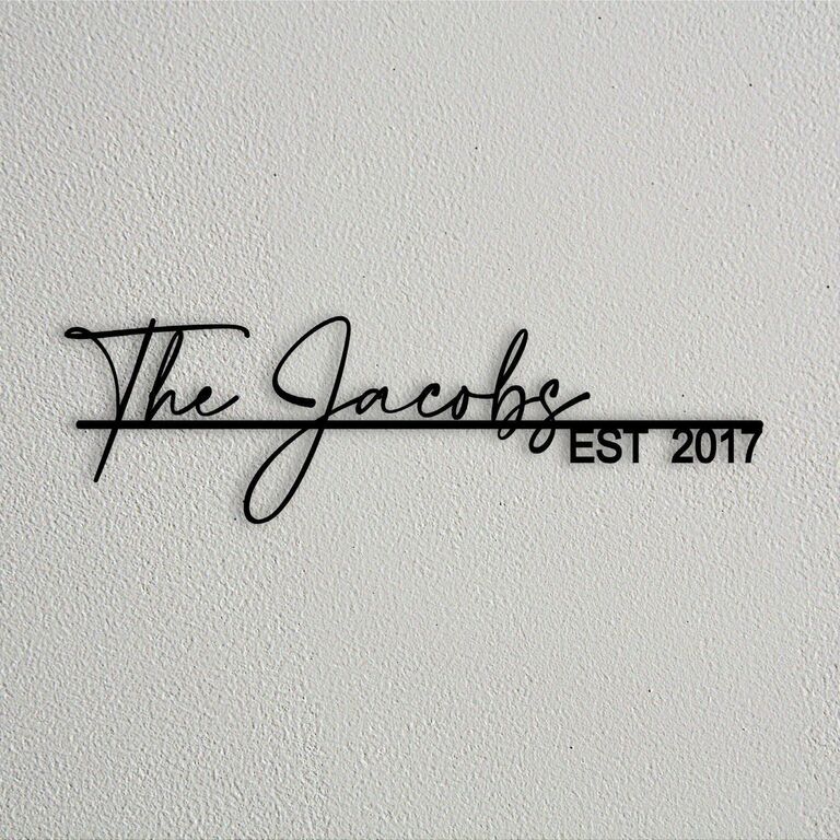 minimalist metal script family name plate custom wall sign with established year modern home decor