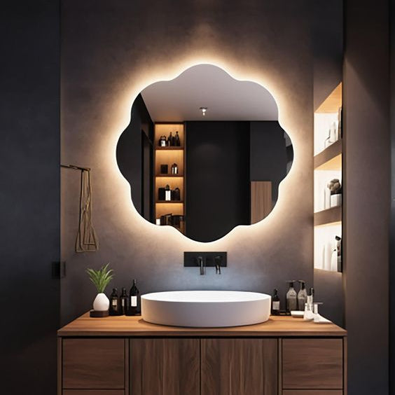 Designer Irregular LED Bathroom Mirror with Warm Backlight | Modern Organic Shape Vanity Wall Mirror for Home & Hotel