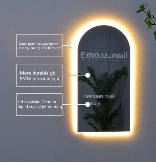 oval acrylic LED backlit logo sign with custom text for boutique and reception wall decor