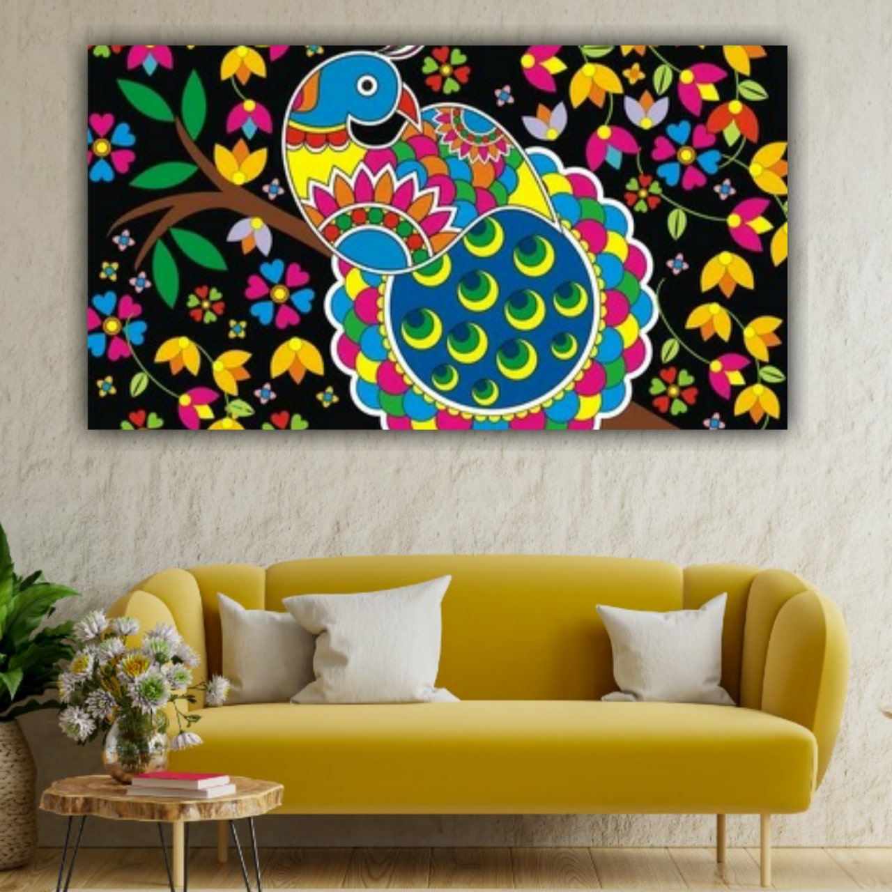 madhubani peacock Abstract Canvas Wall painting Frame for Living Room Wall Decor Gifting