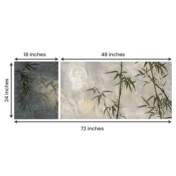 Zen Bamboo Moon Wall Art Set of 2 Panels | Minimalist Nature Canvas Painting | Acrylic UV Printed Wall Decor for Living Room Bedroom (60 x 24 Inches )