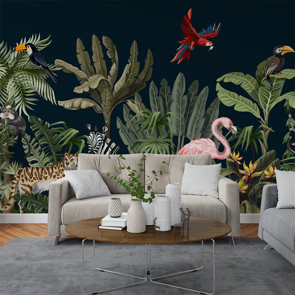 swan monkey parrot crow zebra leopard jungle theme Wallpaper Self Adhesive Mural Wallpaper | Customized Wallpaper