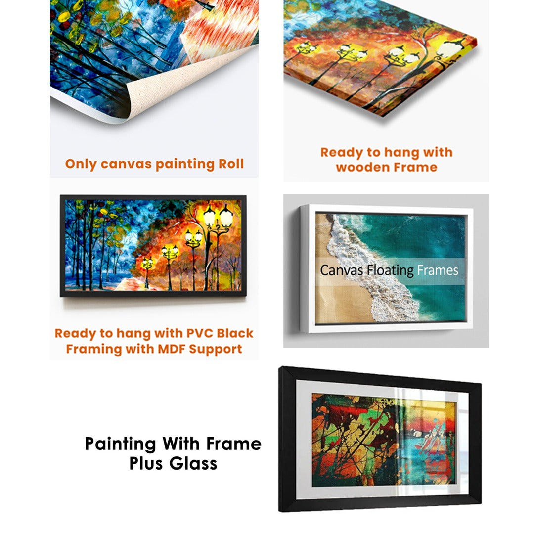 Canvas paintings with various frames and supports on a white background