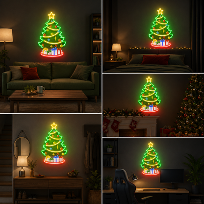 Decorated Christmas Tree Neon Sign Board | LED Festive Neon Light Wall Decor