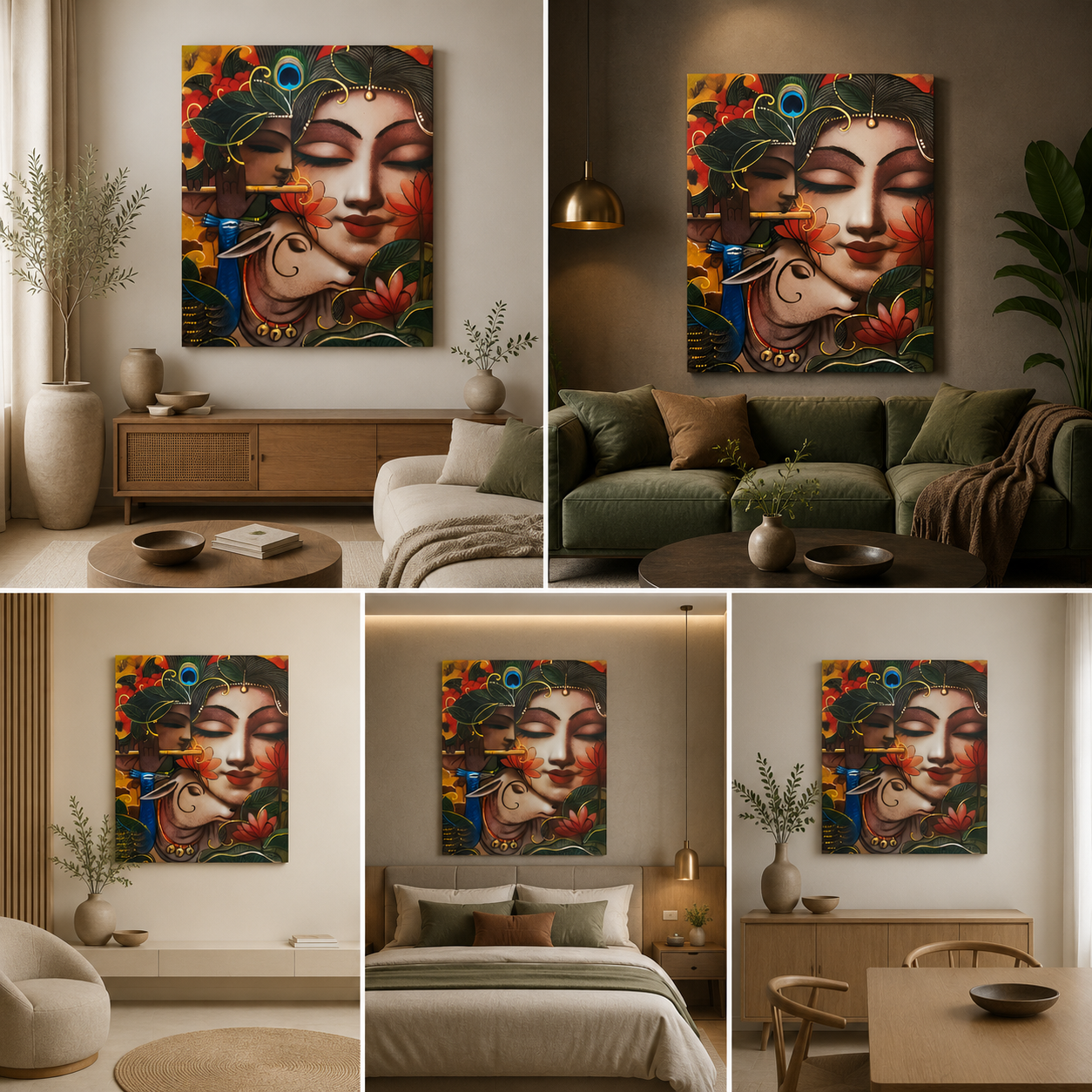 Krishna Face with Cow Artistic Canvas Painting Frame Wall Decor for Living Room