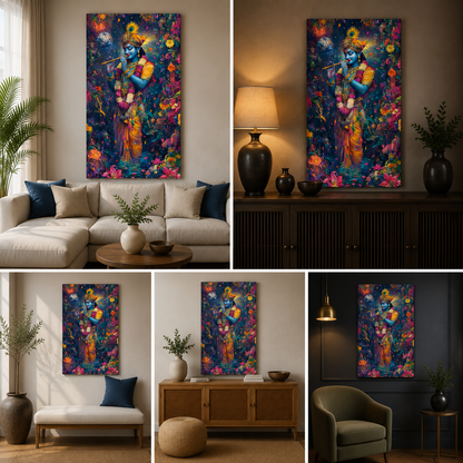Lord Krishna Vibrant Floral Canvas Painting Frame Colorful Spiritual Wall Decor for Living Room
