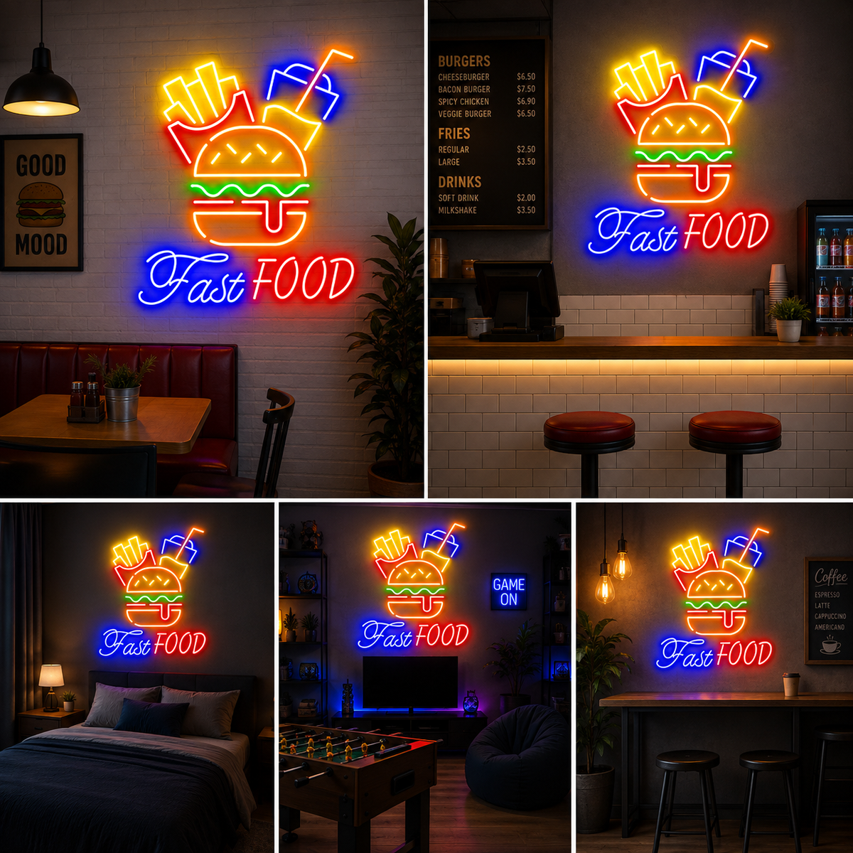 Fast Food Neon Sign with Burger, Fries and Drink for Cafe, Restaurant and Kitchen Decor
