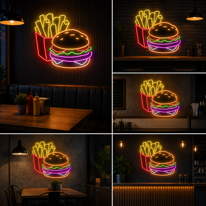 Burger & Fries Neon Sign Board – Fast Food Custom Neon Light Wall Decor (20 By 20 Inches)