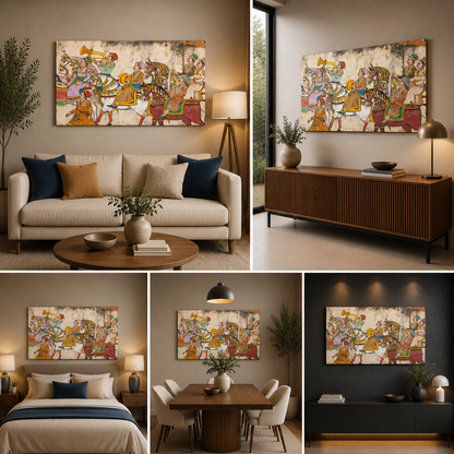 Madhubani Canvas Painting Rajasthani Wall Art Frame for Living