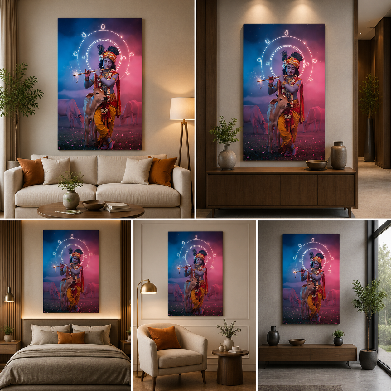 Krishna Neon Aura with Calf Canvas Painting Frame Modern Spiritual Wall Decor for Living Room