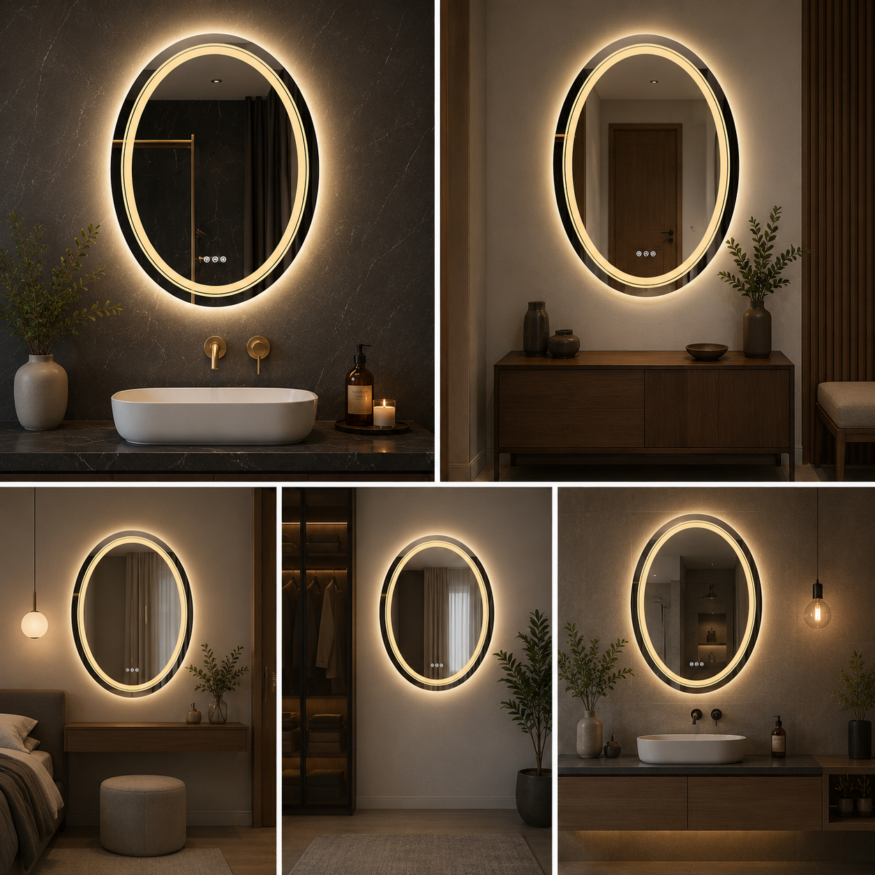 Luxury Double Ring LED Bathroom Mirror with Warm Backlight | Modern Oval Vanity Wall Mirror for Home & Hotel