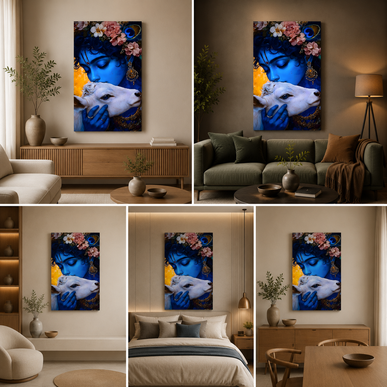 Bal Krishna with Cow Canvas Painting Frame Spiritual Wall Decor for Living Room