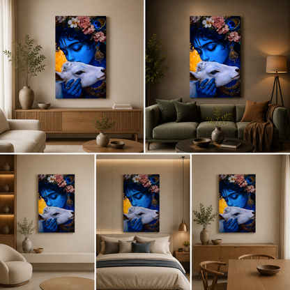 Bal Krishna with Cow Canvas Painting Frame Spiritual Wall Decor for Living Room