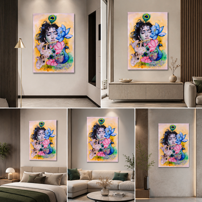 Watercolor Lord Krishna Canvas Painting Frame | Peacock Lotus Cow Krishna Wall Art | Soft Spiritual Canvas Wall Decor for Living Room