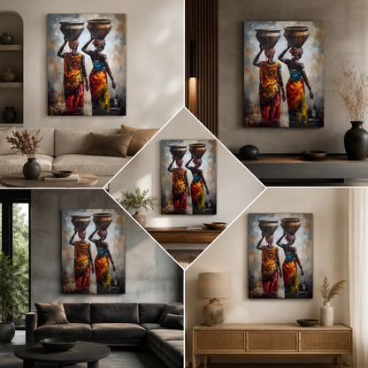Tribal Women Carrying Pots Wall Painting | Ethnic Cultural Canvas Art for Home Decor