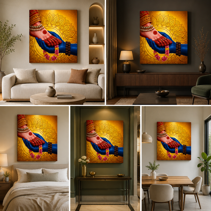 Parvati's jeweled red foot resting in Shiva's blue hands against a golden mandala with a floral garland, shown as canvas wall art above a sofa, consoles, bed and dining table in five rooms.
