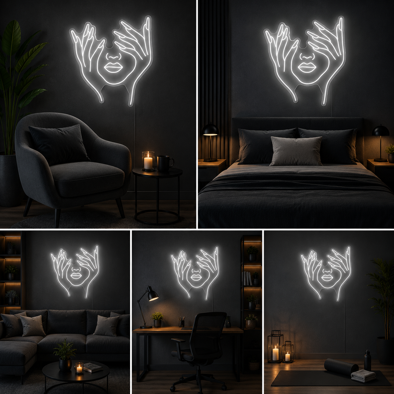 Abstract Hands Face Neon Sign Board | White LED Custom Neon Light Sign for Salon, Studio & Modern Wall Decor