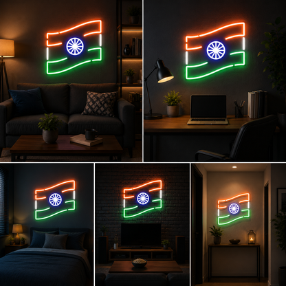 Indian Flag Outline Neon Sign Board | Custom Neon Light Signs | Customised Neon Light Name Plate Tricolor Wall Decor