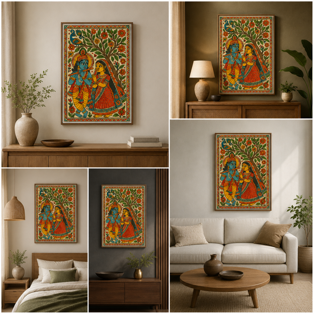 Radha Krishna Folk Art Canvas Painting – Traditional Indian Religious Wall Art Canvas Painting Frame for Living Room