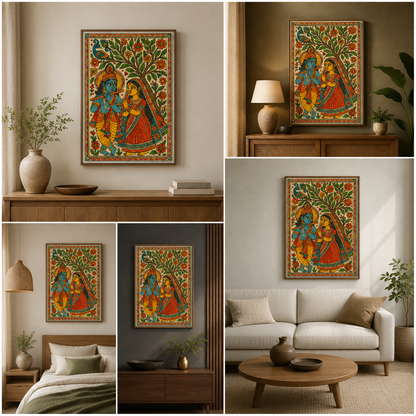Radha Krishna Folk Art Canvas Painting – Traditional Indian Religious Wall Art Canvas Painting Frame for Living Room