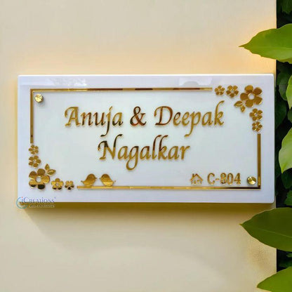 Premium White House Name Plate with Gold Floral Accents and Personalized Family Name Sign