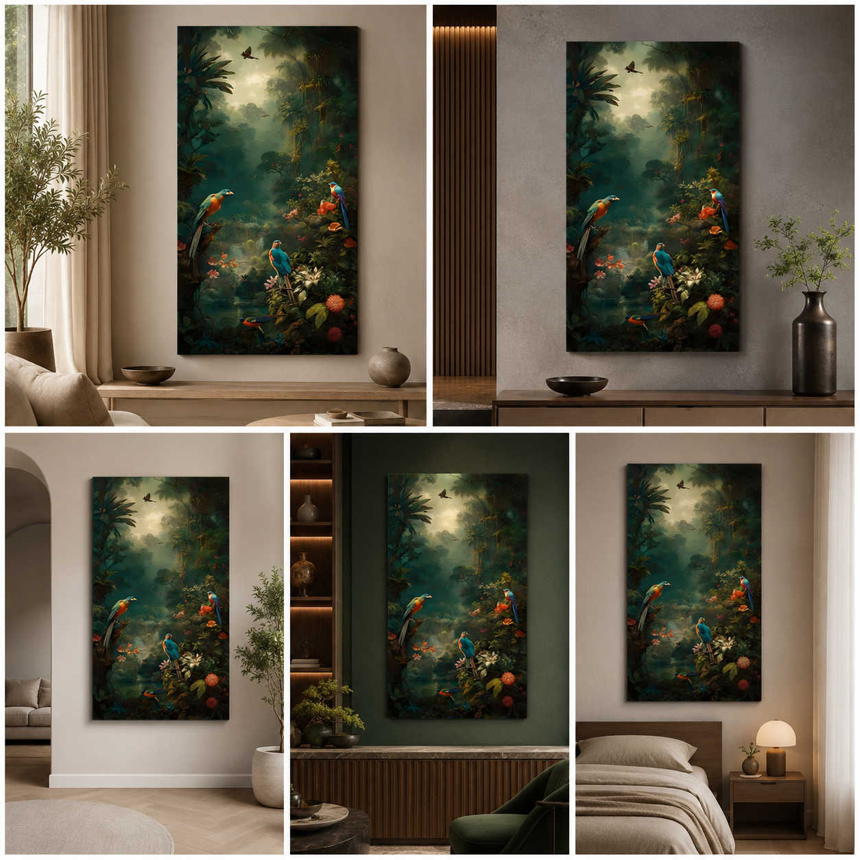 Tropical Forest Birds Canvas Painting Frame – Exotic Jungle Landscape Canvas Wall Art Painting Frame for Living Room Decor