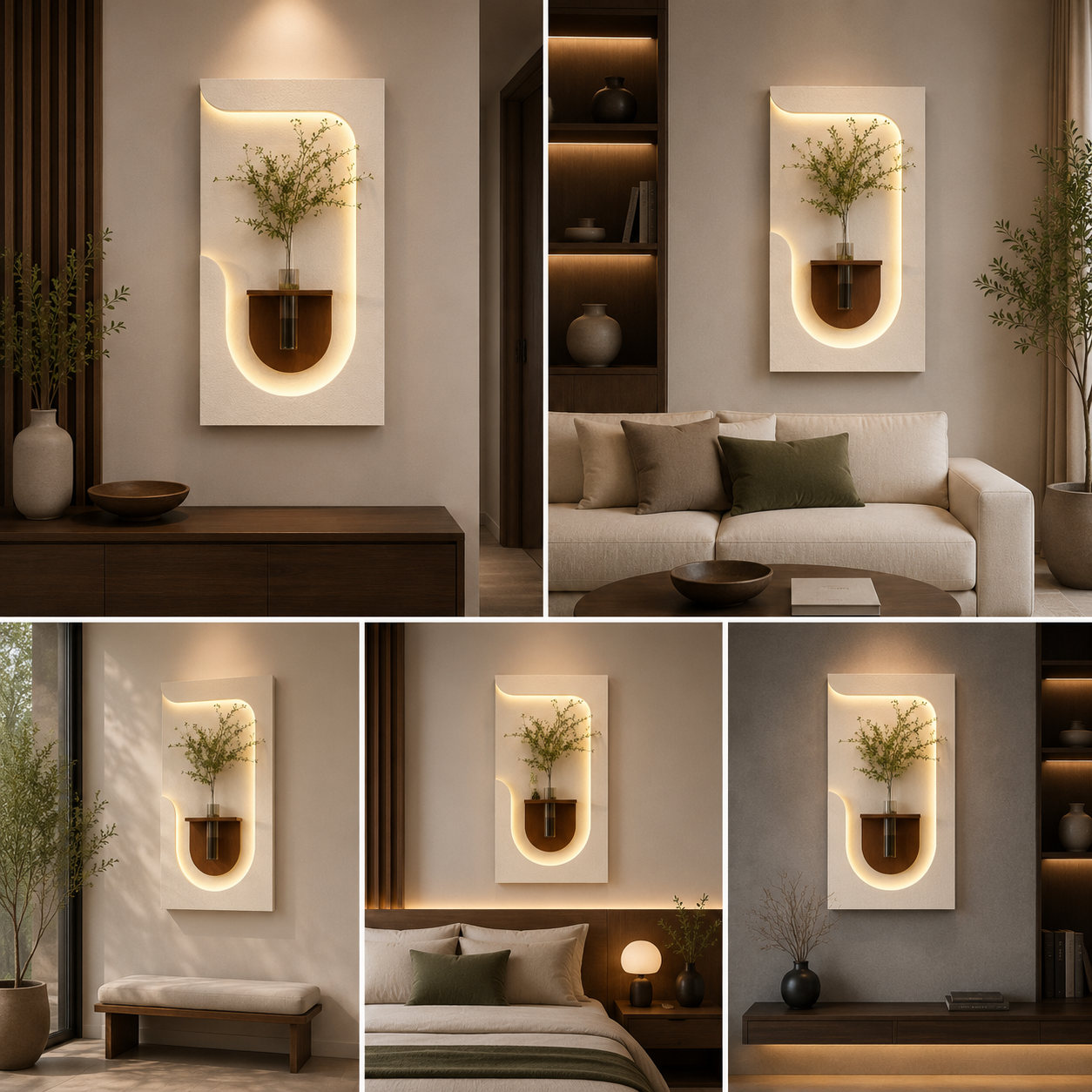 Modern LED Arch Wall Vase Panel | Backlit Textured Wall Art with Glass Flower Holder Shelf | Luxury Minimalist Home Decor