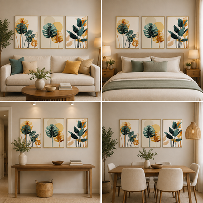 Modern Tropical Botanical 3 Panel Canvas Wall Art with Monstera Leaf Design Set