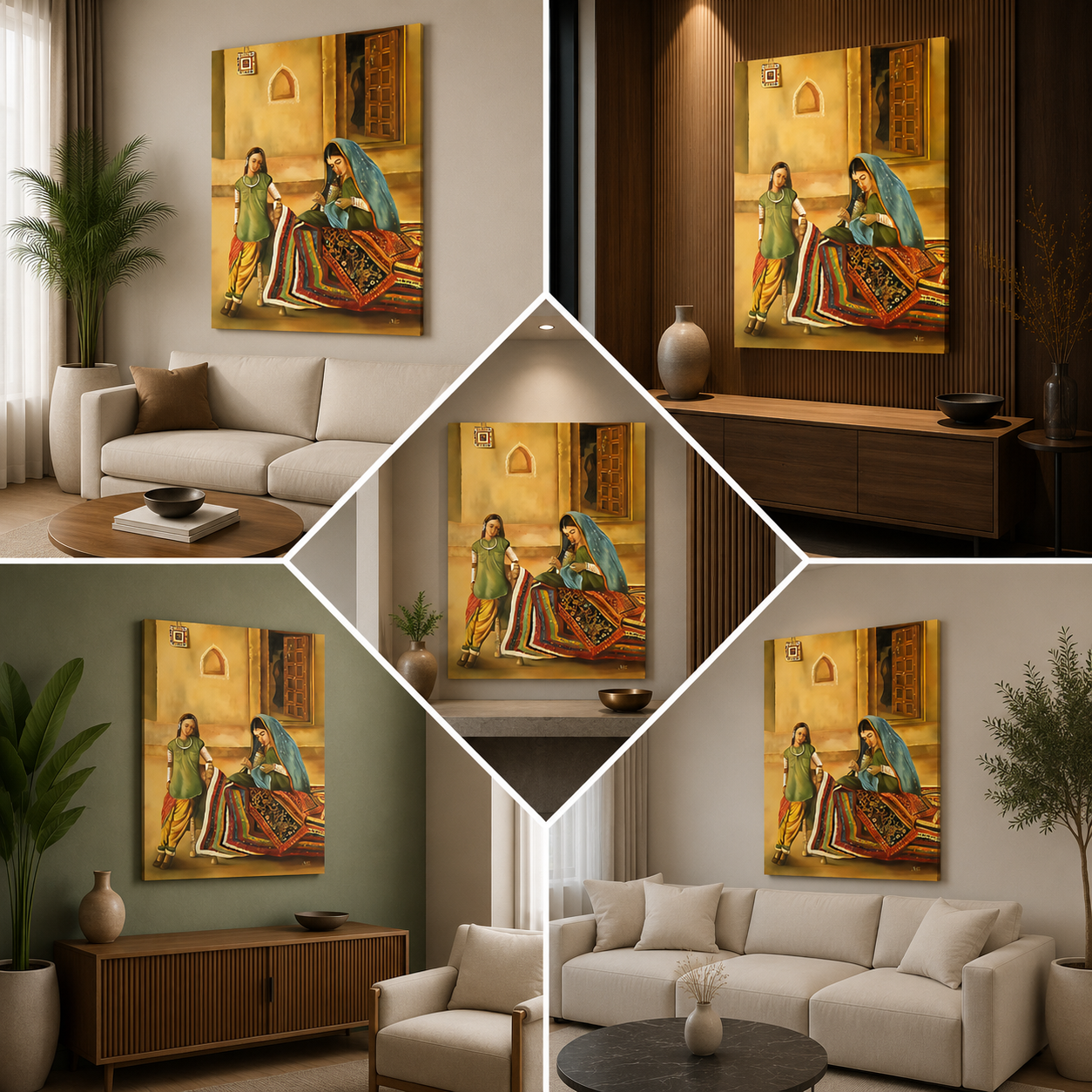 Traditional Indian Village Life Wall Painting | Handmade Craft Scene Canvas Art for Home Decor