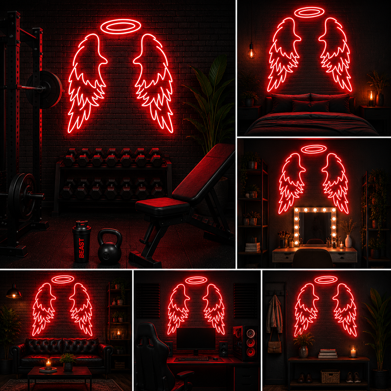 Classic Red Angel Wings with Halo Custom Neon Sign Board | Photo Booth Neon Light | Custom Neon Light | Neon Sign Board Customised (48 By 48 Inches)