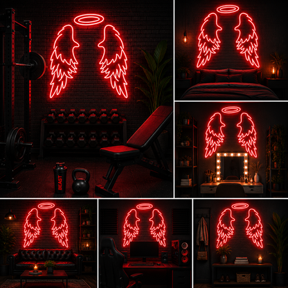 Classic Red Angel Wings with Halo Custom Neon Sign Board | Photo Booth Neon Light | Custom Neon Light | Neon Sign Board Customised (48 By 48 Inches)