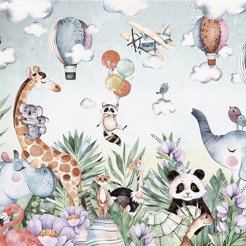 Illustration of various animals with balloons and plants on a light blue background