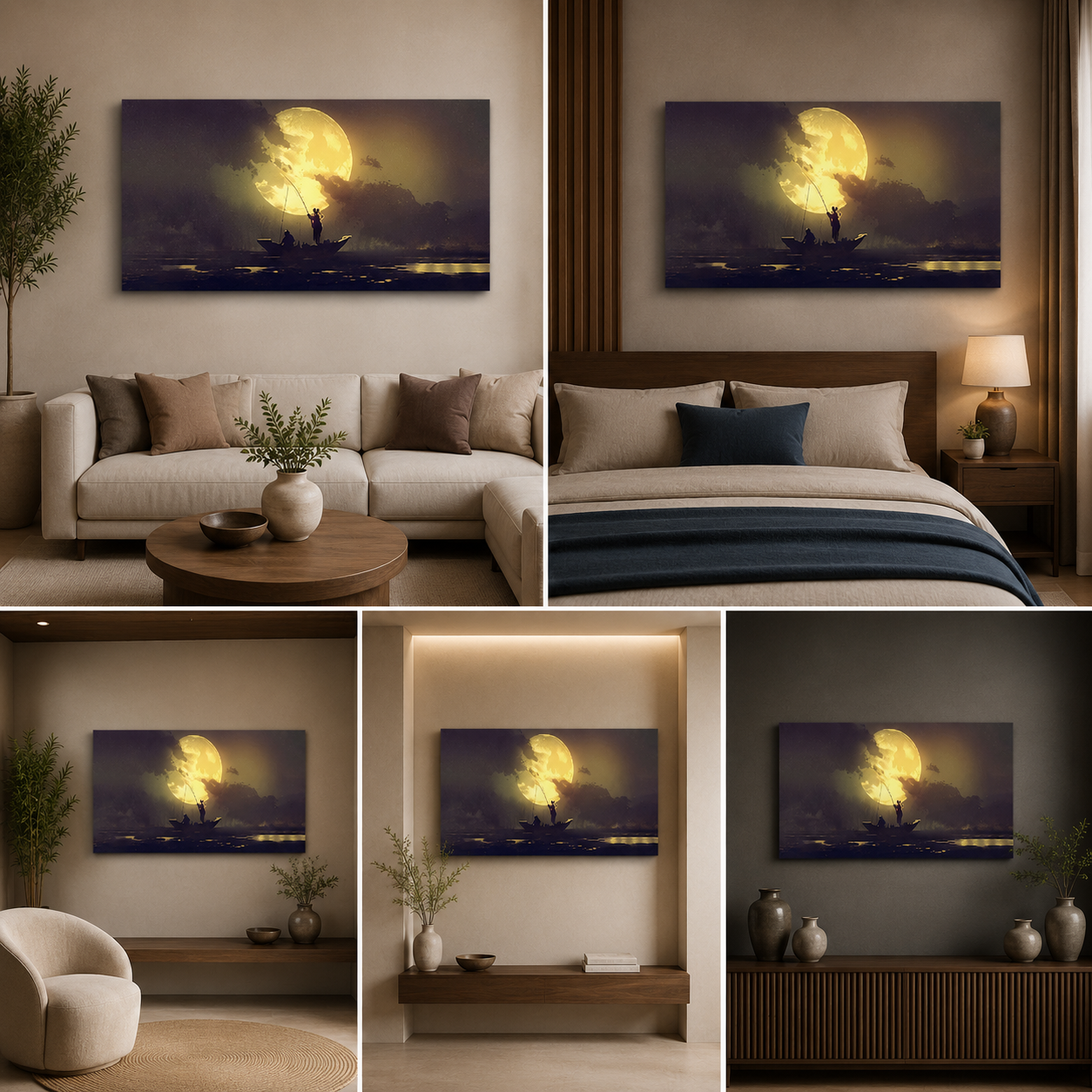 Sun Rising A Boat Men Painting for Living Decor