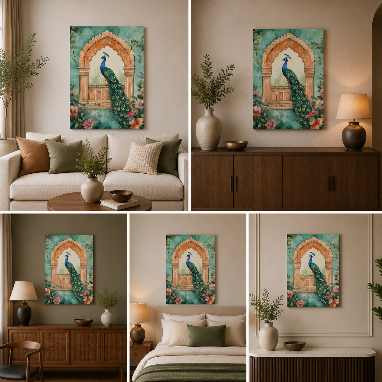 Elegant Peacock Arch Canvas Wall Painting | Traditional Floral Bird Artwork | Premium Aesthetic Wall Decor
