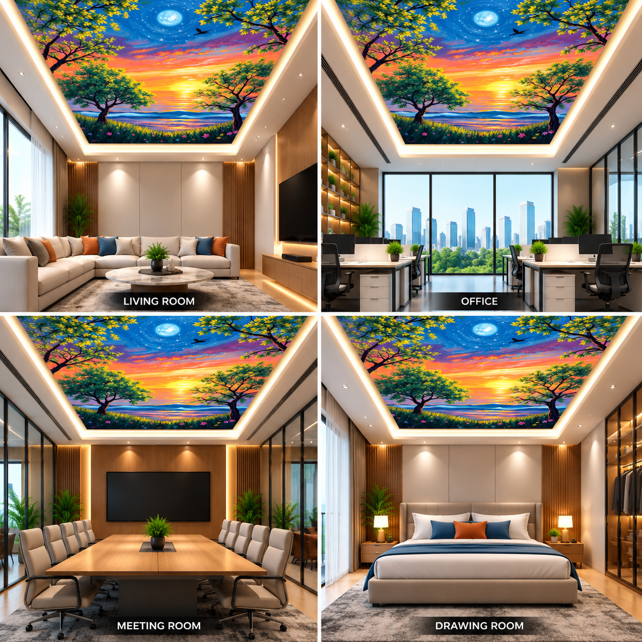 3D Sunset Sky Ceiling Design with Trees, Moon & Colorful Evening Landscape for Interiors