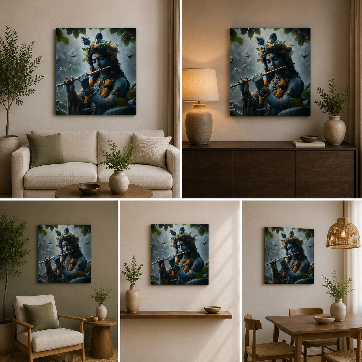 Lord Krishna Flute Wall Painting | Divine Spiritual Canvas Art for Home Decor